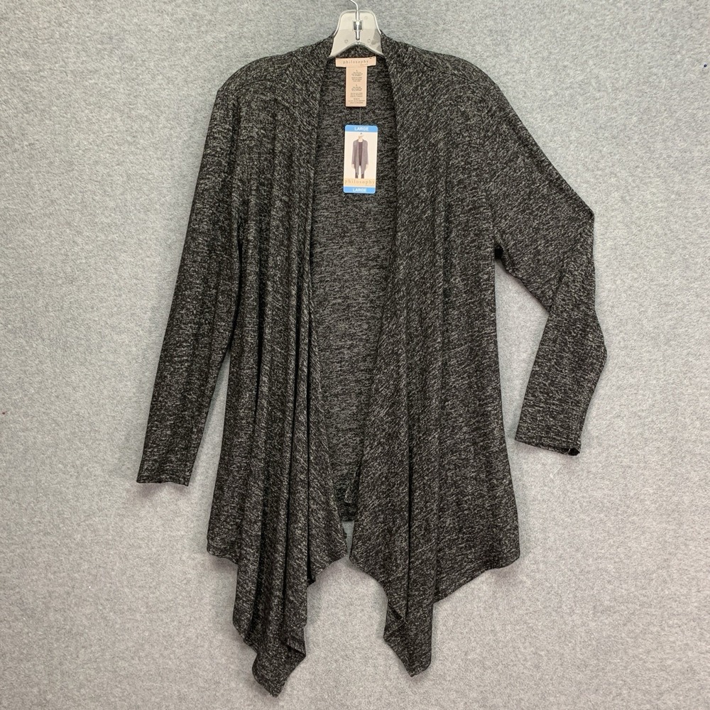 Philosophy Women Cardigan Black Heather Sz L Open Front Waterfall Heathered Knit